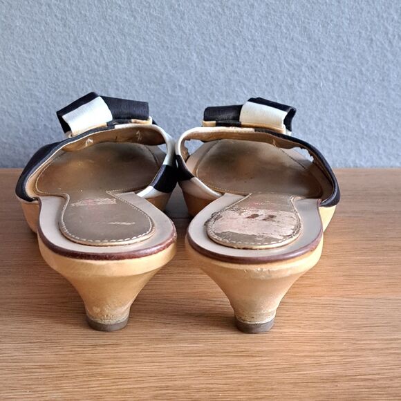 Kate Spade Vintage Women’s 8 Black Bow Kitten Heel Open Toe Sandals Clogs Wood - Picture 3 of 11